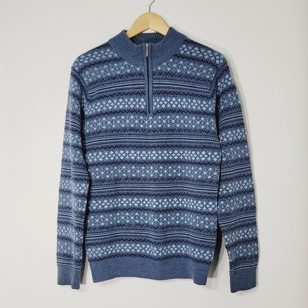 Orvieto Vintage Blue Merion Wool Blend Preppy Knit Fair Isle Grandpa Sweater Zip